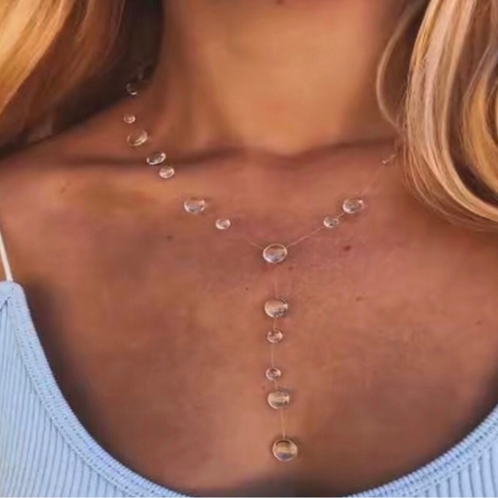 Delicate Clear Beaded Water Drop Style Y-Chain Necklace